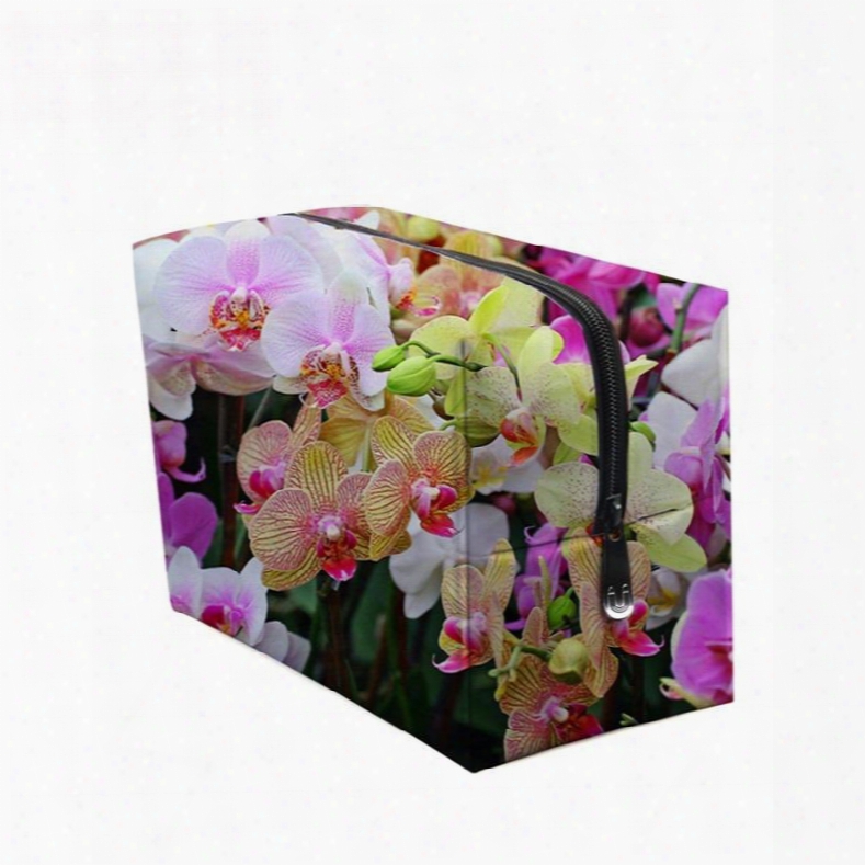3d Portable Colorful Phalaenopsis Printed Pv Cosmetic Bag