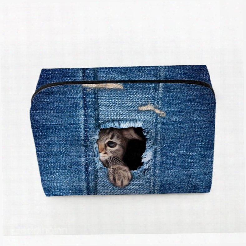 3d Portable Shy Cat Printed P Dark Blue Cosmetic Bag