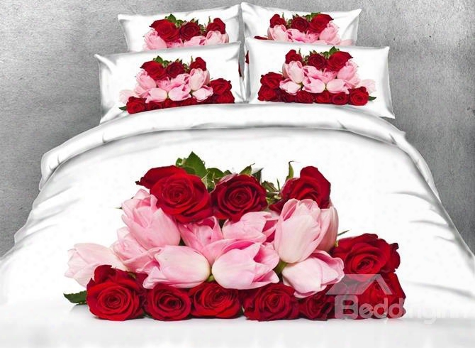 3d Red Roses And Pink Tulips Printed Cotton 4-piece Bedding Sets/duvet Cover