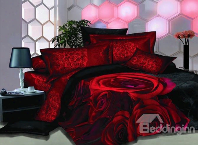 3d Red Roses Printed Luxury Cotton 4-piece Bedding Sets/duvet Cover