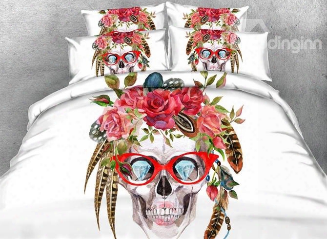 3d Skull With Glasses Printed Cotton 4-piece White Bedding Sets/duvet Covers