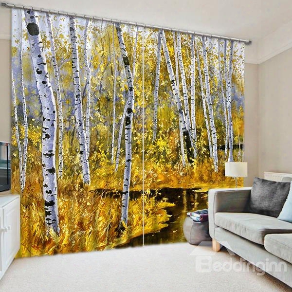 3d White Birch Forest Printed Thick Polyester Natural  Scenery Custom Decorative Curtain