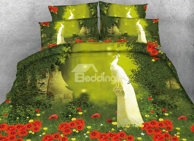 3d White Peacock In The Woods Printed Cotton 4-piece Bedding Sets/duvet Covers