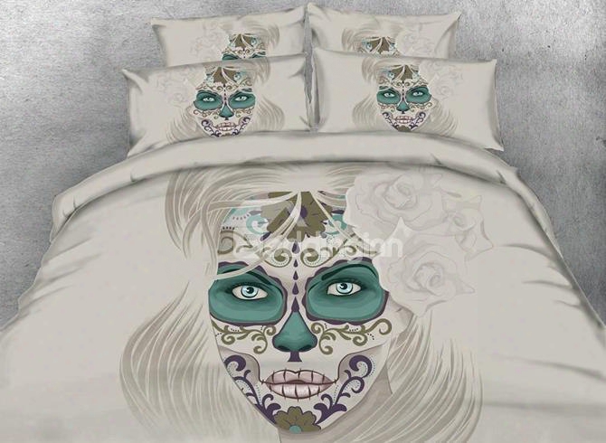 3d Woman Skull With Roses Printed Cotton 4-piece Bedding Sets/duvet Covers