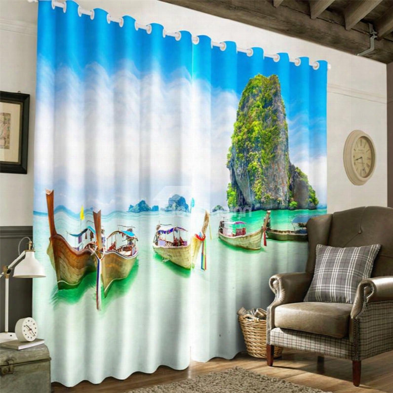 3d Wooden Boays And High Mountain In The Sea Printed Decorative And Blackout Curtain