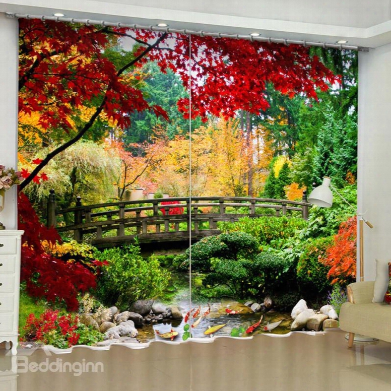 3d Wooden Bridge And Red Yellow Leaves Printed 2 Panels Living Room Curtain