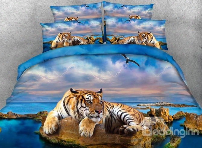 3d Yellow Tiger And Blue Ocean Printed Cotton 4-piece Bedding Sets/duvet Covers