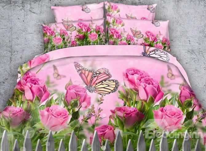 Adorable Pink Rose And Butterfly Print 5-piece Comforter Sets