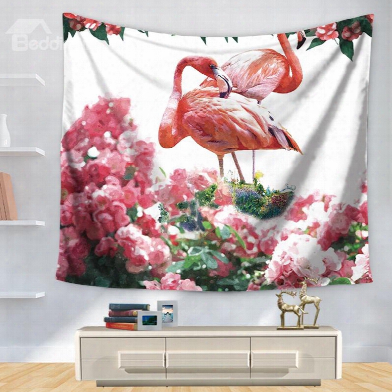 Animal Pink Flamingo With Beautiful Rhododendron Pattern Decorative Hanging Wall Tapestry