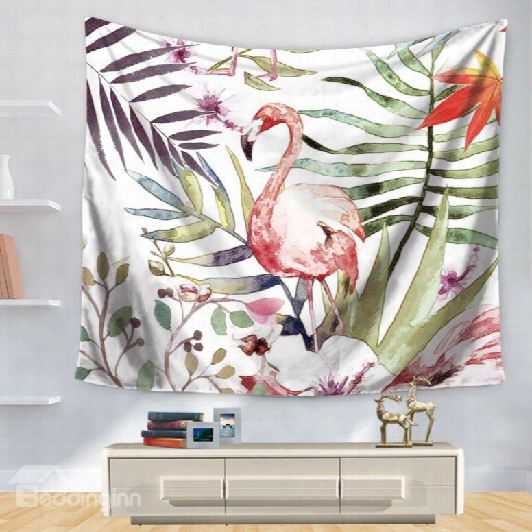 Artful Watercolor Pink Flamingo With Palm Leaves Pattern Decorative Hanging Wall Tapestry