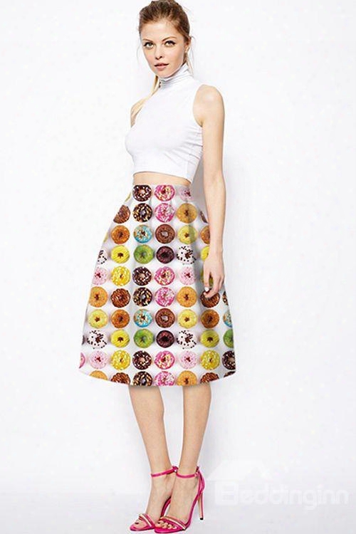 Attractive Kinds Of Doughnuts Pattern White Background 3d Painted Midi Skirt