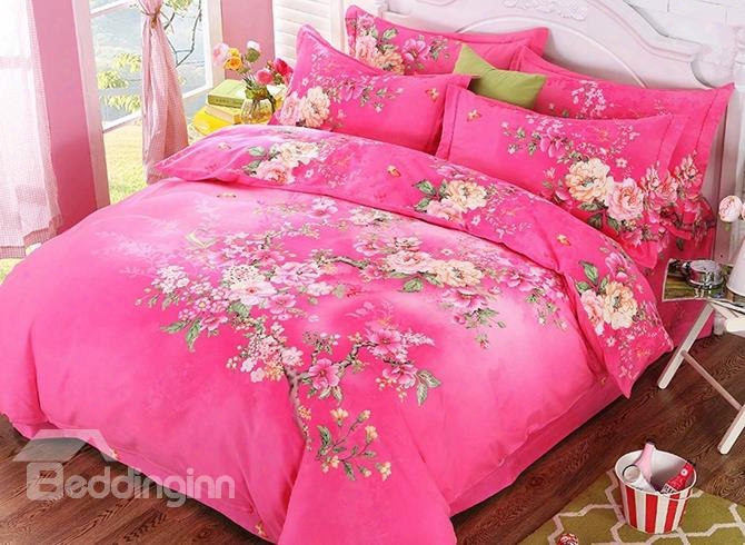 Beautiful Peach Blossom Print Pink 4-piece Cotton Duvet Cover Sets