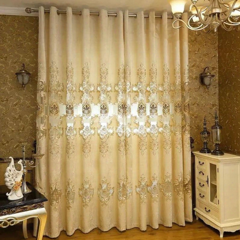 Blackout And Ddcoration Chenille Classic Embroidered Beige Grommet Top Curtain