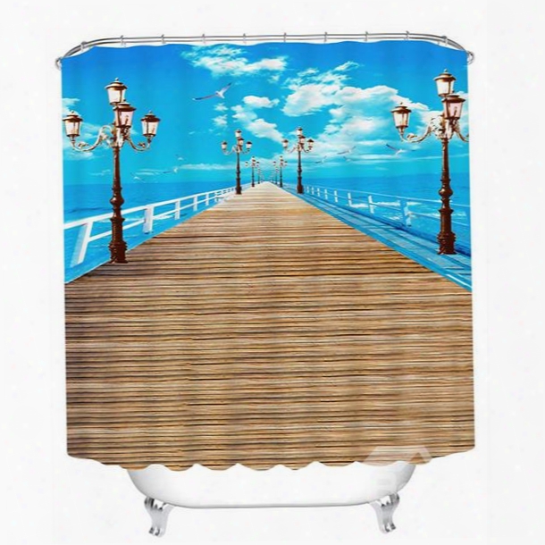 Blue Sky And Long Wooden Bridge Print 3d Bathroom Shower Curtain