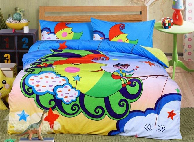 Cartoon Moon With Boy Pattern Kids Polyester 4-piece Duvet Cover Sets