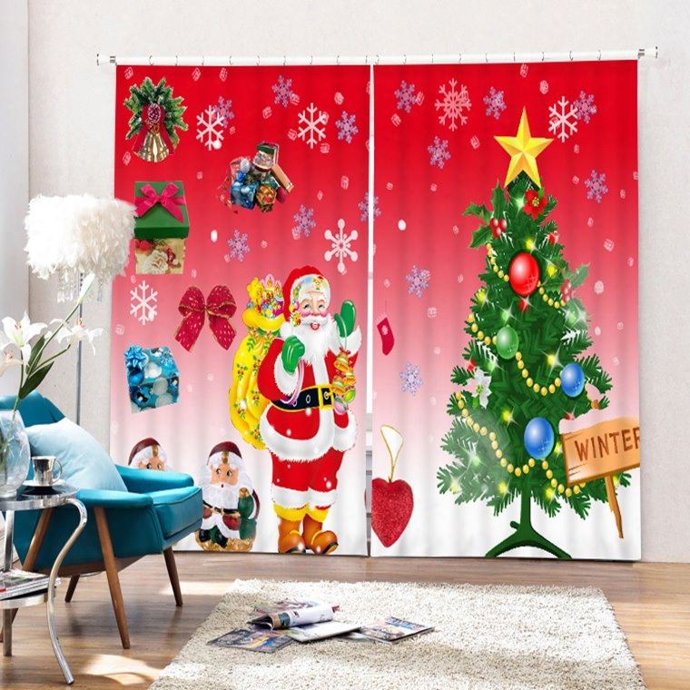 Cartoon Santa Standing Near Christmas Tree Wave Printing 3d Curtain