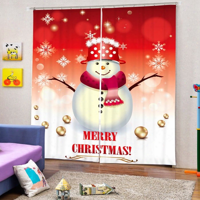 Cartoon Snowman With Red Scarf And Hat Merry Christmas Printing 3d Curtain