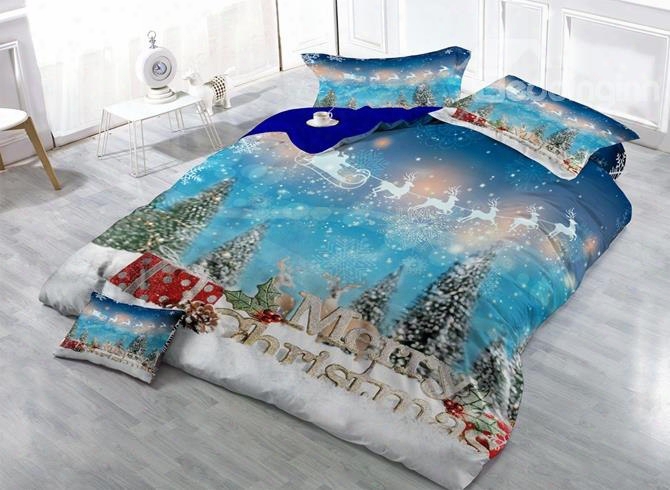 Christmas Gift And Reindeer Print Satin Drill 4-piece Duvet Cover Sets
