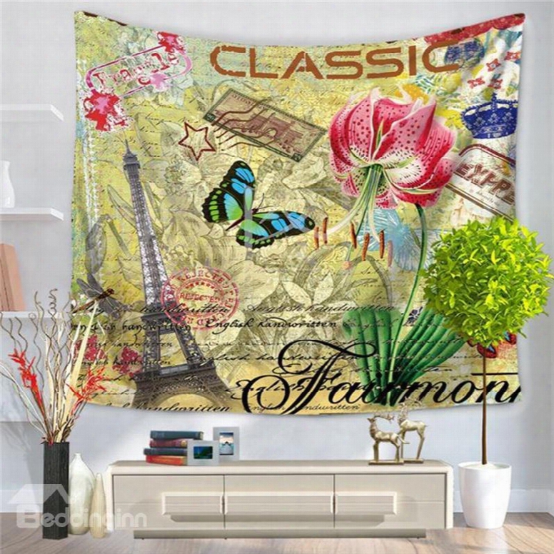 Classic Paris Eiffel Tower With Butterfly And Flower Postcard Style Decorative Hanging Wall Tapestry