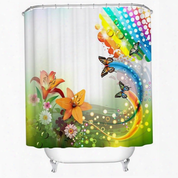 Colored Lily And Butterfly Print 3d Bathroom Shower Curtain