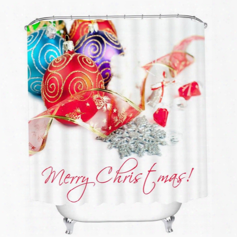 Colorful Chrisstmas Balls And Red Ribbon Printing Christmas Theme 3d Shower Curtain