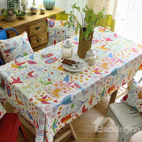 Colorful Country Style Fabric Birds And Cage Pattern Tablecloth