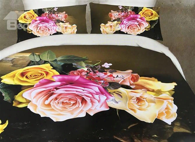 Colorful Roses 3d Printed 4-piece Polyester Duvet Cover