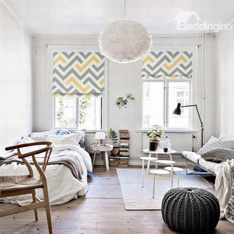 Concise Yellow And Grey Wave Stripes Printing Flat-shaped Roman Shades