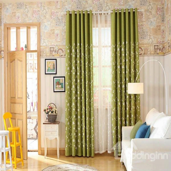 Cotton Polyester Ramie Blend White Flower Pattern Grommet Top Curtain Panel