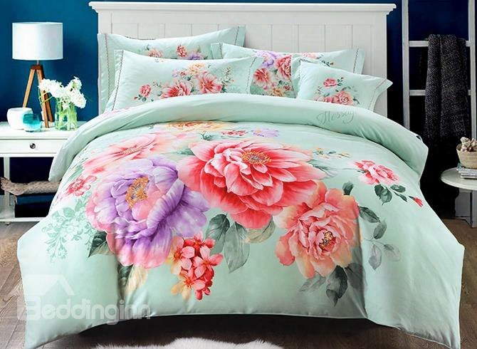 Country Peony Print Mint Green 4-piece Cotton Duvet Cover Sets