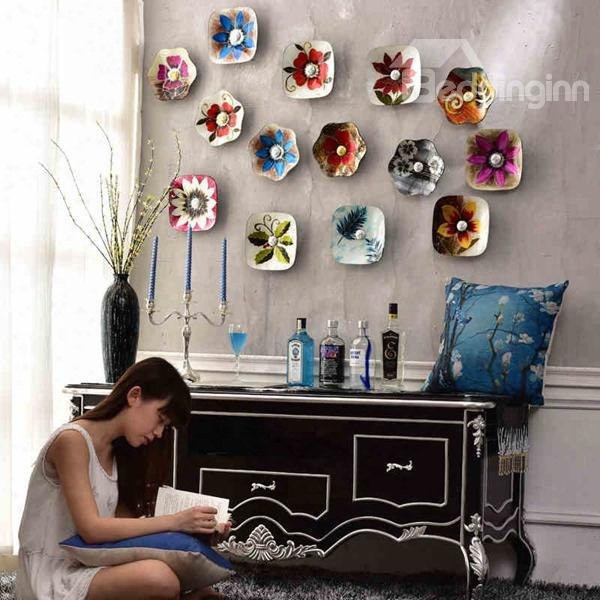 Country Style Glass Flower Pattern Hanging Dish Decor 3d Wall Stickers