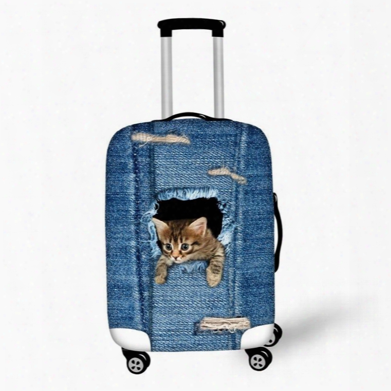 Curious Cat In Demin Pattern 3d Painted Luggage Protect Cover