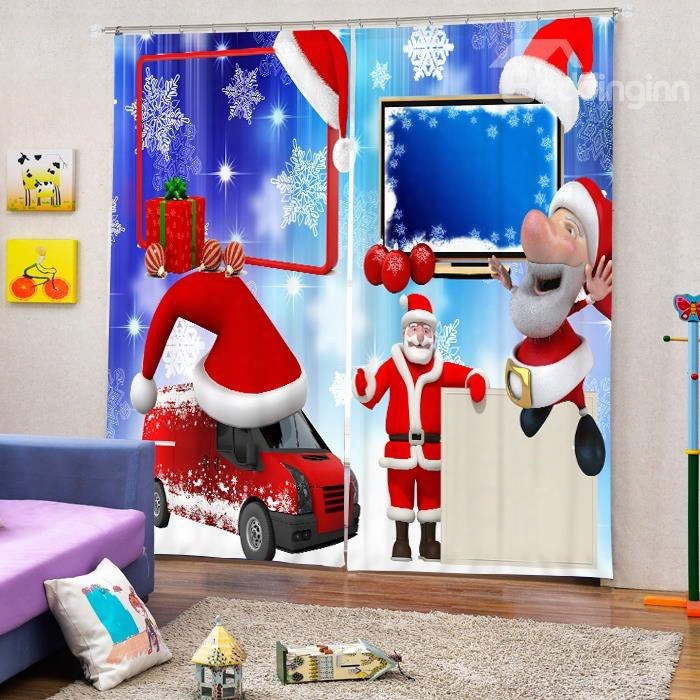 Cute Cartoon Santa And Red Car Printing Christmas Theme 3d Curtain