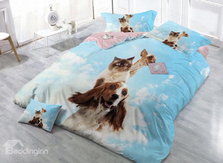 Cute Cat And Dog Digital Print 4-piece Cotton Dvuet Cover S Ets