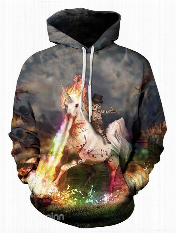 Cute Long Sleeve Unicorn And Cat Fire Running Pattern 3d Painted Hoodie