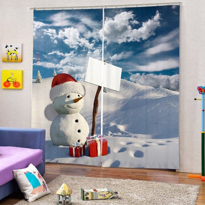 Cute Snowman With Gift Printing Christmas Theme 3d Curtain