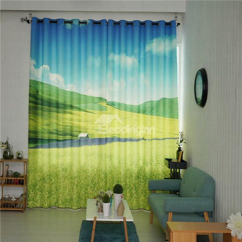 Decorative And Blackout Thick Polyester Beautiful Green Plants Pastoral Style 2 Panels Curtain