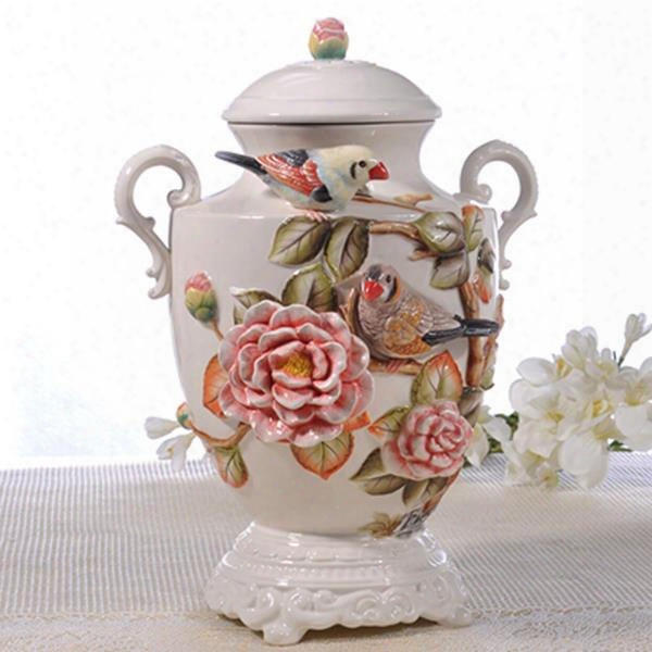 Elegant Ceramic Camellia Pattern Cooky Jar Painted Pottery