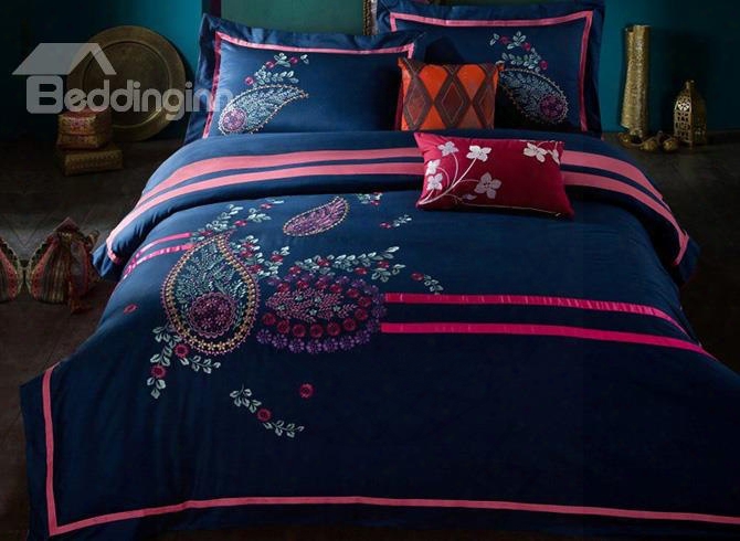 Exotic Style Elegant Em Broidery Dark Blue 4-piece Cotton Duvet Cover Sets