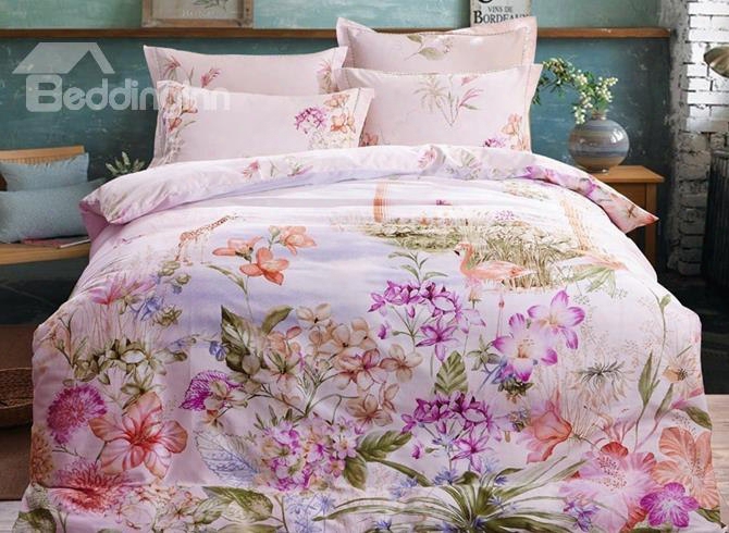 Exquisite Pastoral Blooms Print 4-piece Cotton Duvet Cover Sets