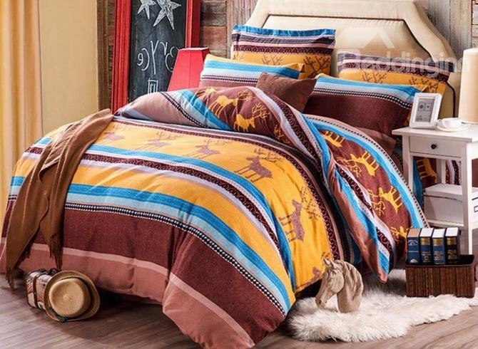 Fancy Christmas Elk And Stripes Print Cotton 4-piece Duvet Cover Sets