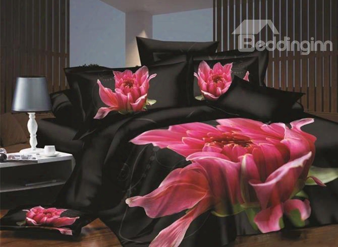 Fancy Pink Flower Blooming In Darkness Print 4-piece Polyester 3d Duvet Cover Sets