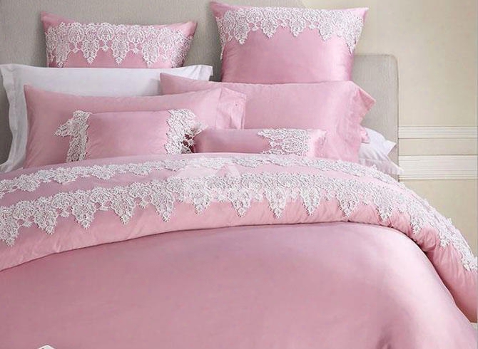 Fantastic Graceful Lace Trim Pink 4-piece Polyester Bedding Sets