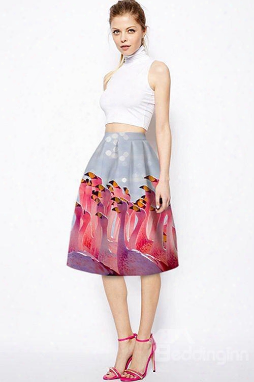 Fantastic Phoenicopteridae Pattern 3d Painted Midi Skirt