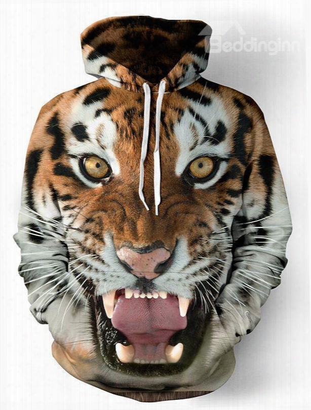 Fashion Long Sleeve Tiger Fcae Tooth Ffront Pocket Pattern 3d Painted Hoodie