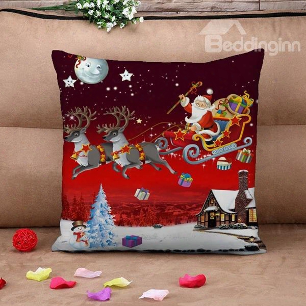 Festive Santa Claus Reindeer Flying Across Sky Print Throw Pillow Case