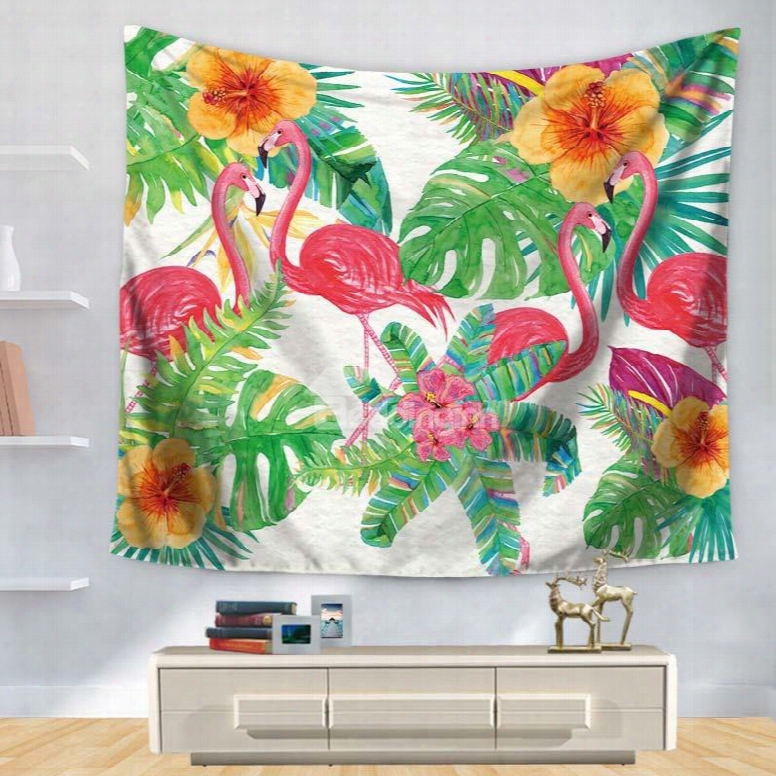 Floral Style Flowers And Green Leaves With Flamingo Pattern Decorative Hanging Wall Tapestry