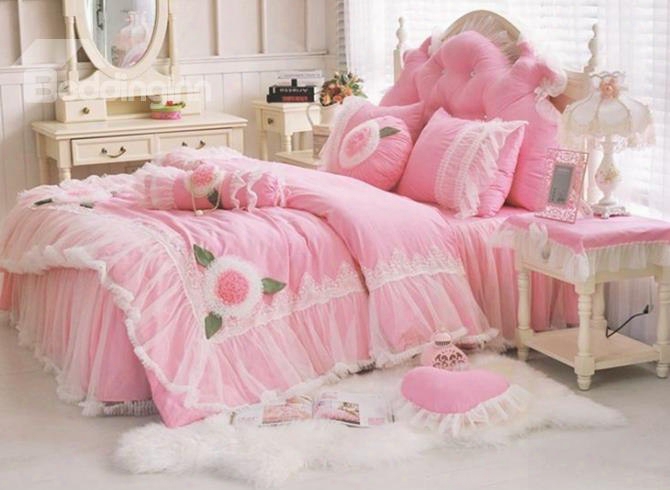 Flower Pattern Lace Fringe Princess Style 4-piece Pink Duvet Covers/bedding Sets