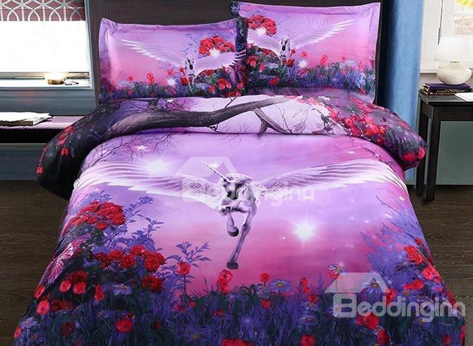 Flying Unicorn With Wings Purple 4-piece Polyester Bedding Sets/duvet Cover