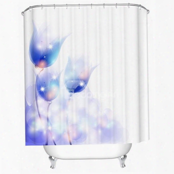 Freehand Blue Flowers Print Bathroom Shower Curtain